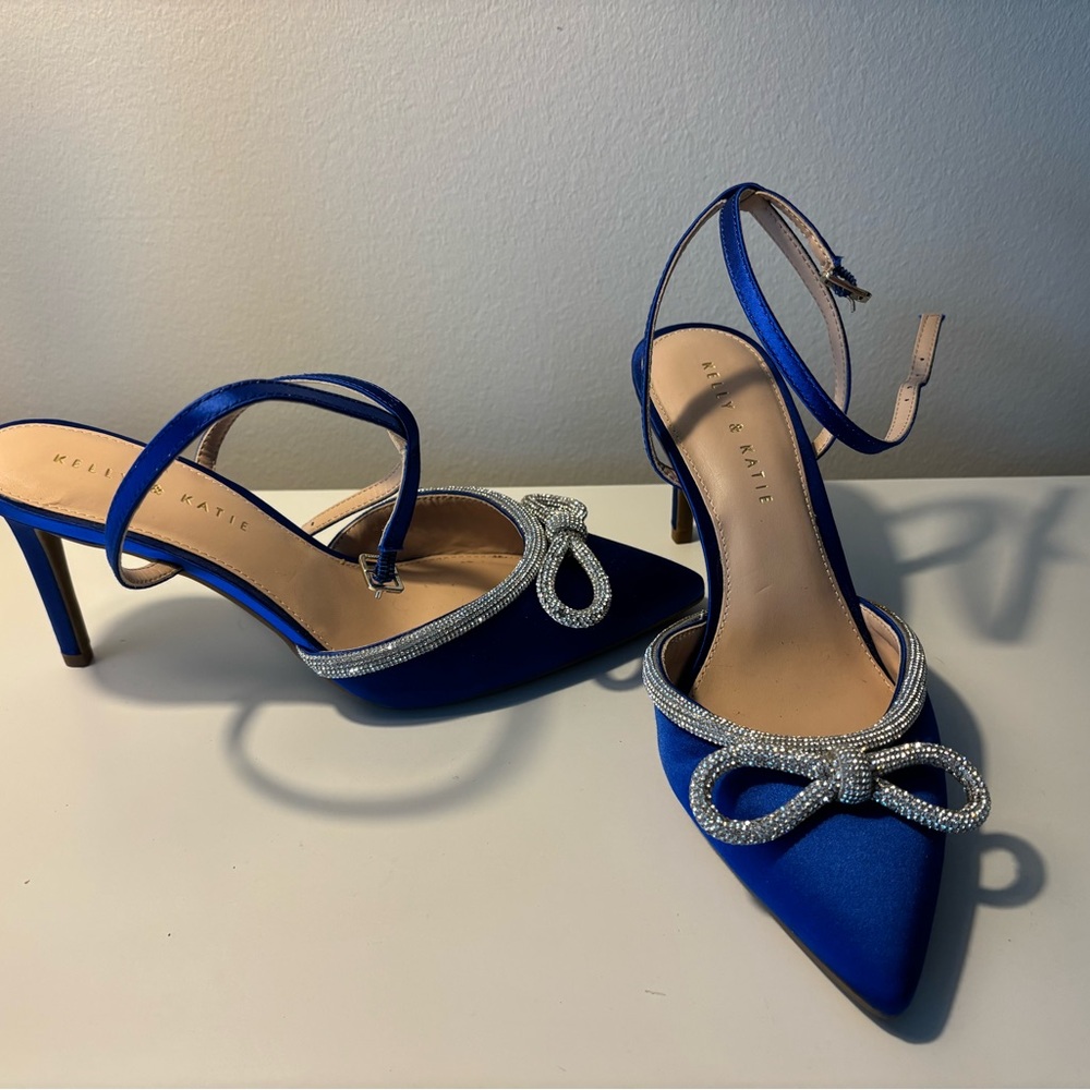 Blue Satin Heels with Silver Accents